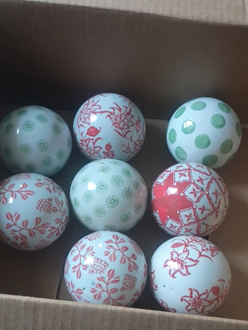 Set of 8 Decorative Ceramic Balls - Red/orange and Green Floral & Dot Patterns